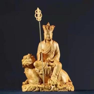 Imagem de FENNYYAR Estátua de Bodhisattva Ksitigarbha esculpida em madeira de buxo, 9 cm 8,9 cm, decoração de estatueta de escultura de Buda