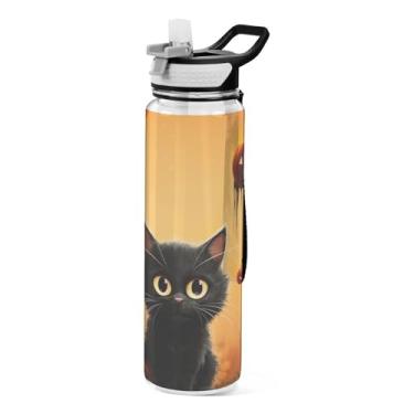 Imagem de ODAWA Garrafa de água transparente Halloween Cat Pumpkin 946 ml com canudo e alça Jarro esportivo reutilizável de 1 litro