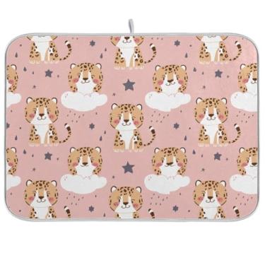 Imagem de Tapete de secagem de louça rosa com nuvens de leopardo, 40,6 x 45,7 cm, tapete de escorredor de pratos, secagem rápida para balcão de cozinha, decoração de casa de férias