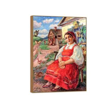 Imagem de David Burliuk Famosas impressões em tela de arte de parede prontas para pendurar. Mulher em vestido vermelho. Pintura de moldura de madeira para decoração de sala de estar 50 x 70 cm 20 x 27 pol