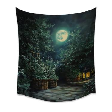Imagem de Tapeçaria de parede de lanterna de jardim iluminada pela lua cesta vintage cena floral aconchegante arte de jardim noturno para quarto sala de estar decoração de casa rústica branca 152 x 203 cm