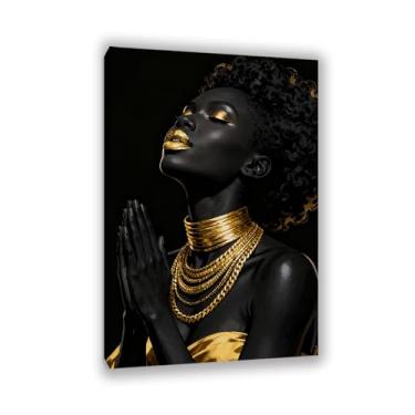 Imagem de Pôster de mulher negra arte de parede afro-americana abstrata menina negra decoração de parede ouro feminino decoração de parede retrato de mulheres africanas imagem pintada vertical moldura 60 x 40