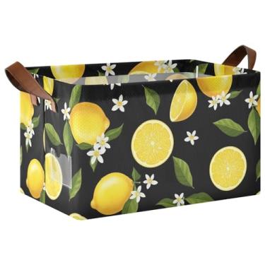 Imagem de Cestas de armazenamento decorativas grandes com alças, 43 x 29 x 25 cm, caixas de armazenamento para armário, limões, preto, organizador de toalhas para armário, 1 pacote