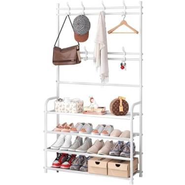 Imagem de Sapateira Organizador com Cabideiro de Chão e 4 Prateleiras Arara Multiuso Vertical para Roupas, Bolsas e Sapatos Estrutura Metálica Reforçada Design Moderno e Montagem Fácil (Branco)