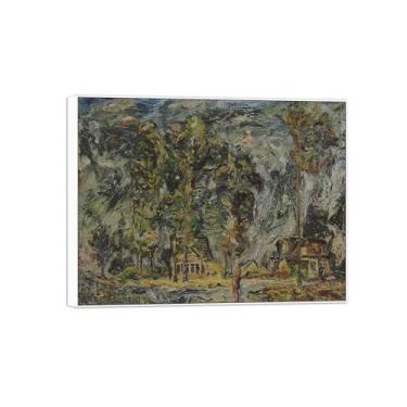 Imagem de BMZFYBS David Burliuk Famosas impressões em tela de arte de parede prontas para pendurar. Casas sob árvores. Pintura com moldura branca para decoração de sala de estar 50 x 65 cm 20 x 26 pol