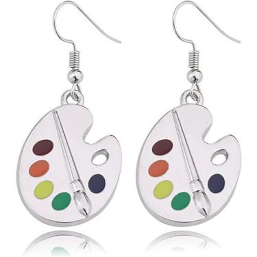 Imagem de Paleta de tinta colorida e pincel de pintura pingente brincos pintor artista joias presente para professores de arte estudantes de arte