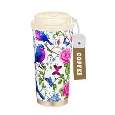 Imagem de TSENQUE Caneca de café de viagem de 473 ml com tampa de canudo e filp, copo de parede dupla isolado a vácuo com revestimento cerâmico, pássaro azul rosa borboleta colorida