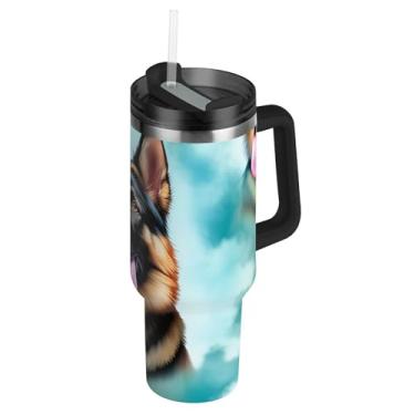 Imagem de Copos com tampas e canudos Pastor Alemão Copo de 850 g com alça garrafas de água isoladas à prova de vazamento Caneca de café quente de aço inoxidável para carro