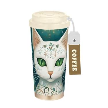 Imagem de TSENQUE Copo de café de 473 ml com tampa de canudo e filp, canecas de café de parede dupla isoladas a vácuo com revestimento cerâmico, arte de Natal de gato branco