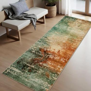 Imagem de Joydeco Tapete de corredor lavável 5 x 15 cm para corredor, tapetes modernos abstratos antiderrapantes macios, tapete baixo para entrada, quarto, cozinha, lavanderia, verde, laranja e branco