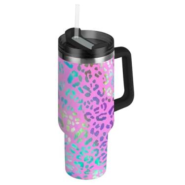 Imagem de Copos rosa pastel com manchas de leopardo com tampa e canudos, copo à prova de derramamento com alça Garrafas de água de 1,134 g Caneca de café quente isolada de aço inoxidável para carro