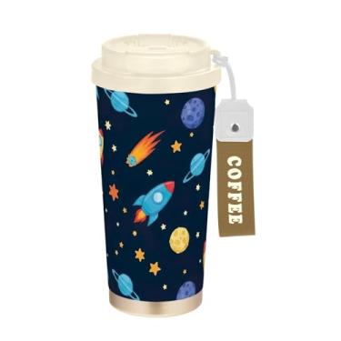 Imagem de Caneca de viagem de café 16+ Oz, copo de café de viagem com revestimento cerâmico com canudo e tampa, copo isolado a vácuo de aço inoxidável, estrelas de foguetes de desenho animado colorido