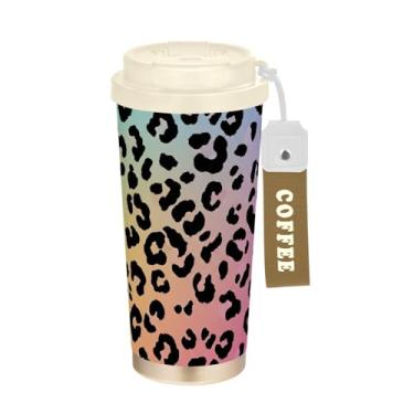 Imagem de TSENQUE Caneca de café de viagem 16+ Oz, copo de café com revestimento cerâmico com canudo e tampa, copo isolado a vácuo de aço inoxidável, manchas de leopardo preto, cores gradientes