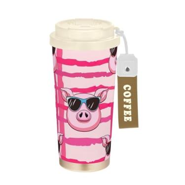 Imagem de TSENQUE Caneca de café de viagem 41 onças com canudo e tampa, revestimento cerâmico isolado a vácuo copo de café de aço inoxidável à prova de vazamento, rosa porco fofo listrado vermelho