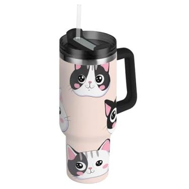 Imagem de Joisal Copos com tampa e canudos desenhos animados fofos rostos de gatos rosa claro 1,134 g copo com alça garrafas de água engraçadas carros de aço inoxidável isolados copo de café bebida quente