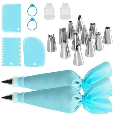Imagem de Conjunto de 21 sacos de confeitar e pontas com 12 pontas de aço inoxidável, 2 sacos de confeitar reutilizáveis, 2 acopladores, 3 raspadores e 2 anéis de silicone, kit de ferramentas de decoração de