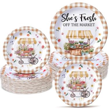 Imagem de Roshtia 100 peças de pratos de chá de panela Fresh off the Market, 19 cm, pratos de papel descartáveis de casamento, a granel, She's Fresh off the Market, decorações para chá de panela, noivado