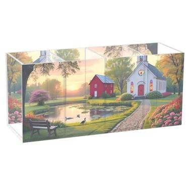 Imagem de TSENQUE Porta-lápis de mesa de acrílico personalizado para lagoas de capela pôr do sol, organizador de canetas, organizador de mesa