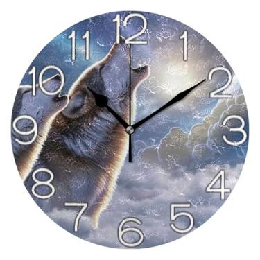 Imagem de GAIGEO Relógio de parede decorativo analógico funky alimentado por bateria relógio de cozinha fofo, moderno decoração de parede para sala de estar lobos brancos nuvem animal branco, 25 cm, ponteiros