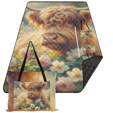 Imagem de TSENQUE Highland Bezerro vaca primavera flores tapete de praia livre de areia impermeável, tapetes de grama floral para acampamento tapete dobrável cobertor de piquenique, 203 cm x 152 cm