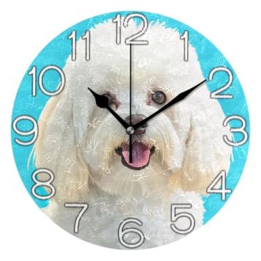 Imagem de Relógio de parede analógico decorativo estético silencioso sem tique-taque relógio de cozinha de escritório, decoração de sala de estar, arte moderna, cão branco fofo, azul brilhante, 25 cm, ponteiros