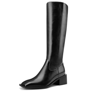 Imagem de HDEUOLM Botas femininas de salto médio, bico quadrado, cano alto, sem fecho, com zíper, casuais, lindas botas, Preto, 39