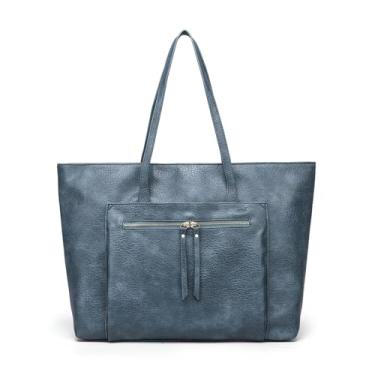 Imagem de SharPlus Bolsa feminina grande de couro vegano com zíper e bolsa de mão para viagens e trabalho, Azul, Vintage