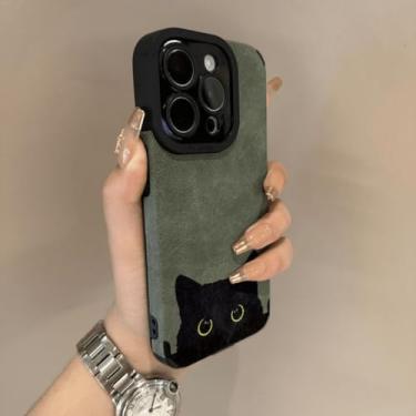 Imagem de IRTGFG Capa de silicone macia de couro camurça de gato preto de luxo para iPhone 16 Plus (para iPhone 16 Plus/verde)