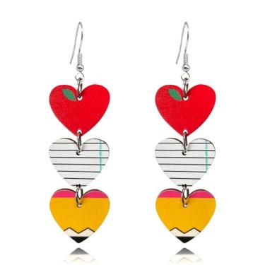 Imagem de TIANBANGSHI Brincos de giz de cera de madeira para mulheres, feitos à mão, engraçado, livro de lápis de maçã, coração, arco-íris, brincos pendentes para professores de volta às aulas, formatura, joias