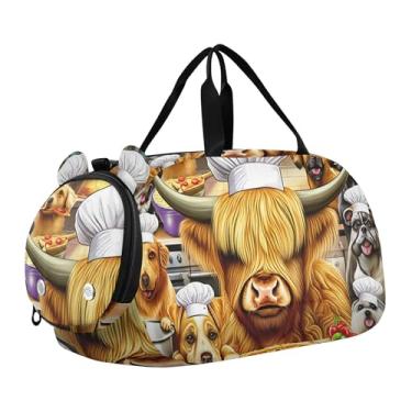 Imagem de Abóbora preta bruxa gato meninos bolsa esportiva infantil para fim de semana bolsas de viagem para meninas bolsa esportiva infantil, Cute Highland Cow Chef Animals, Clássico