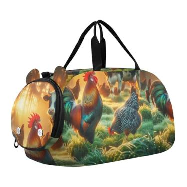 Imagem de Bolsa esportiva para meninos e crianças pequenas, bolsas de viagem para meninas, academia, bagagem infantil, arte pop, vaca highland, Galo, galinha, vaca leiteira, Clássico
