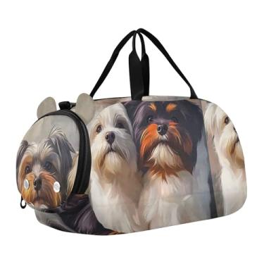 Imagem de Bolsa esportiva de viagem para meninos, burro, desenho animado, cavalo, durante a noite, para o fim de semana, bolsas de viagem, bolsa esportiva de dança, Lindo retrato de grupo de cães Lhasa Apso