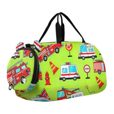 Imagem de Bolsa esportiva para meninos, fim de semana, bolsa de viagem para crianças, palmeiras tropicais, bege, laranja, Caminhões de bombeiros de desenho vermelho verde, Clássico