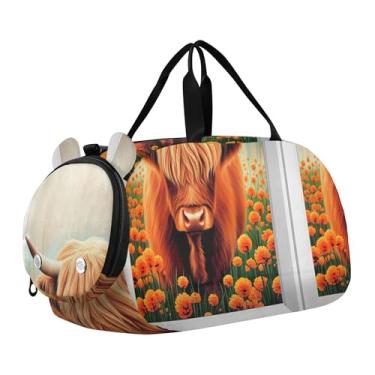 Imagem de Bolsa esportiva para meninos, estampa de lobo cinza, animais selvagens, bolsas de viagem para meninas e meninas, Pintura a óleo Highland Cow Flowers, Clássico