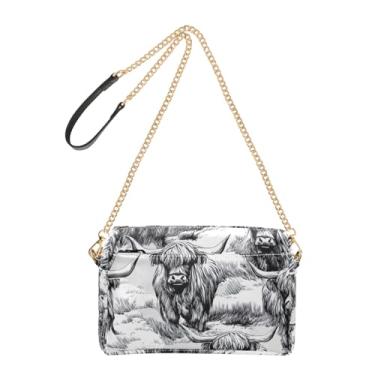 Imagem de Joitme Bolsa tiracolo feminina para celular Highland Cattle Sketch Animal PU Leather Shoulder Bag com alça de corrente
