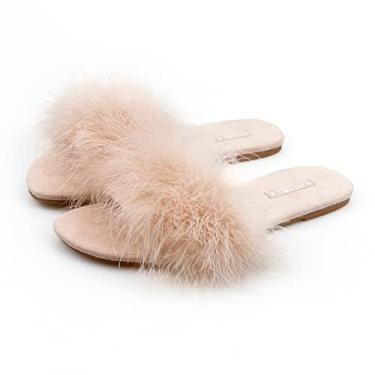 Imagem de BCTEX COLL Pantufas femininas felpudas de bico aberto, espuma viscoelástica com penas, chinelos macios e peludos, para uso interno, Camelo, 40