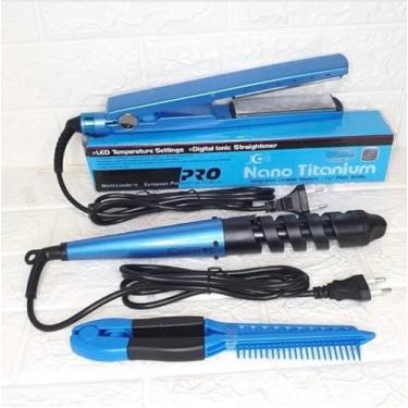 Imagem de Chapinha Prancha Alisadora Kit 3 em 1 com Modelador de Cachos Pente Anti Estática Anti Frizz 110v 450°F Profissional