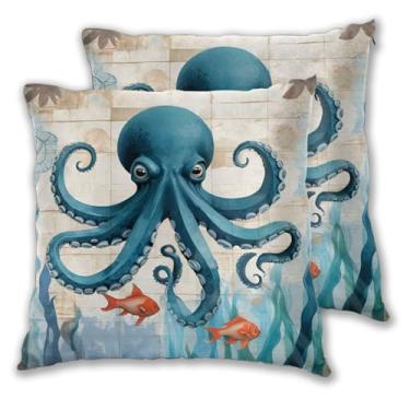 Imagem de Abucaky Conjunto de 2 fronhas com tema marinho, polvo, azul-petróleo, capas para sofá, escritório, quarto, decoração de casa, 45 x 45 cm