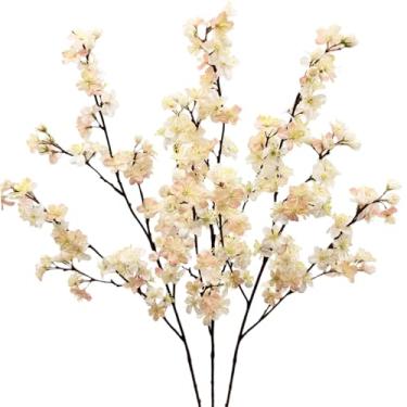 Imagem de JOJAZE 3 ramos artificiais de flor de cerejeira para decoração interna de primavera, verão, flores falsas de seda rosa, flores falsas para mesa de centro de mesa de festa de casamento