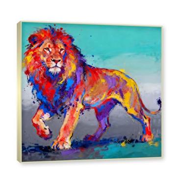 Imagem de NHLDZYH Moldura dourada. Pintura salpicada de leão pintura em tela abstrata arte animal mural vívido chama a atenção para sala de estar decoração moderna para casa. A16. 70 x 70 cm.