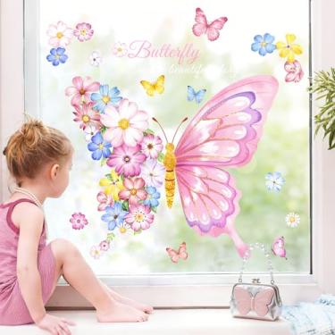 Imagem de Supzone Adesivos de janela de borboleta de flor rosa dupla face primavera verão adesivos de janela florais anticolisão portas de vidro espelhadas adesivos estáticos para quarto de meninas, decoração