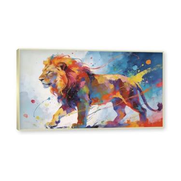 Imagem de NHLDZYH Moldura dourada. Pintura de leão colorida, impressão de arte abstrata vibrante, decoração de parede de animais selvagens e enérgicos, tela contemporânea moderna para quarto, academia, quarto