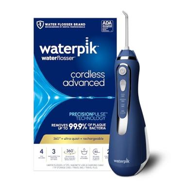 Imagem de Waterpik Fio dental Advanced 2.0 sem fio para dentes, gengivas, aparelhos, cuidados dentários com bolsa de viagem e 4 pontas, aceito pela ADA, recarregável, portátil e impermeável, azul WP-583,