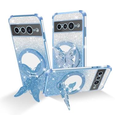 Imagem de Easyscen Capa para celular Google Pixel 7 Pro (6,7 polegadas), com suporte de borboleta e 4 cantos de airbag, capa protetora à prova de choque de luxo com glitter para mulheres - azul
