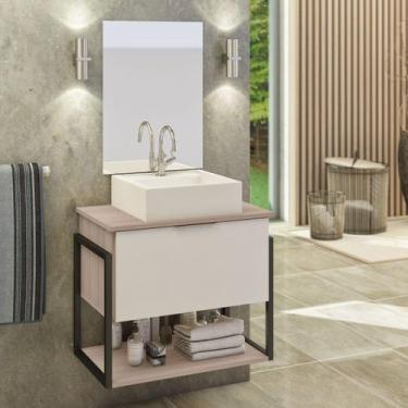 Imagem de Kit Gabinete Banheiro Industrial TECH 60cm Madeirado/ Branco (gabinete