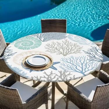 Imagem de Toalha de mesa abstrata justa, redonda, oceano azul, estrela-do-mar, concha coral, com borda elástica, toalha de mesa impermeável, capas de círculo de vida marinha para cozinha, ambientes internos e