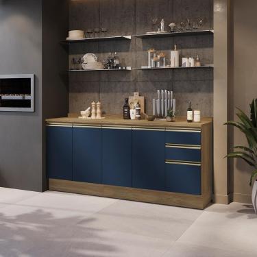 Imagem de Balcões De Cozinha 100% Mdf 200cm Nogueira/azul Profundo Celeste Kappesberg