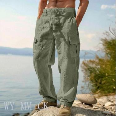 Imagem de Calças Casuais Masculinas De Algodão E Linho Com Múltiplos Bolsos, Est
