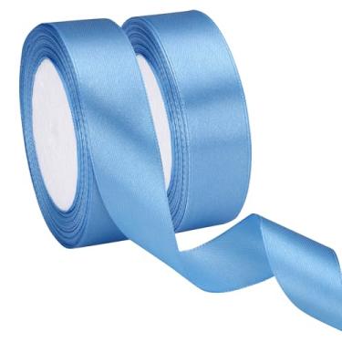 Imagem de EUSOAR Fita de cetim azul, 2 rolos de fita de tecido de 2,5 cm x 50 m, fitas de seda de casamento para artesanato embrulho de presente buquê de flores convites feitos à mão para festa de casamento