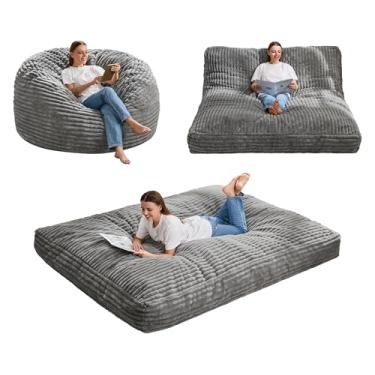 Imagem de Hobestluk Cadeira de pufe conversível para adultos, sacos de feijão 3 em 1 com capa listrada, poltrona para sala de estar, quarto (cinza, Queen)